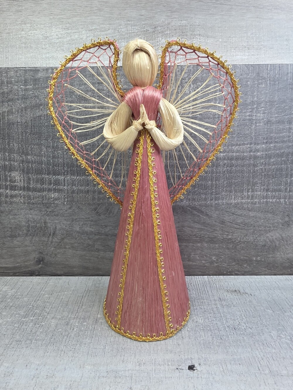 Corn Husk Bohemian Angel Christmas Praying Hands Full Wing Pink Gold b264